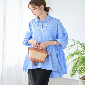 【SALE】 ストライプ シャツ ブラウス レディース ペプラム デザインシャツ デザインブラウス バルーンスリーブ チュニック ぽわん袖 お尻が隠れる 体系カバー ゆったり 二の腕カバー トップス 大人可愛い きれいめ 春夏 250201