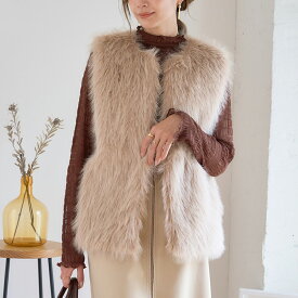 ロングフォックス ファーベスト レディース / ファー ベスト ジレ ロングファー ノーカラー ジャケット エコファー 大人可愛い 上品 高見え おしゃれ 前開き 羽織り ライトアウター トップス きれいめ 秋冬 体型カバー [250221]