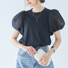 【3366円クーポン利用で】 パフスリーブ Tシャツ レディース 半袖 カットソー シアーダンボール ドッキング トップス ボリューム袖 チュニック Aライン フレア 体型カバー 二の腕カバー ダンボール素材 春 夏 綿100 大人 可愛い フェミニン [250302]