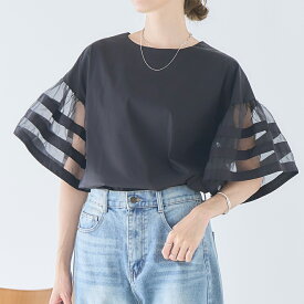【3978円クーポン利用で】 オーガンジー ラインスリーブ ブラウス レディース フレアスリーブ トップス 春 夏 チュニック 半袖 大人 可愛い シアー ボーダー ボリューム袖 デザインブラウス チュール 二の腕カバー お洒落 大人 カジュアル きれいめ [250512]