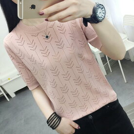 トップス　Tシャツ　半袖　クルーネック　ライン　サマーニット　上品　きれいめ　清楚　清潔感　ハイセンス　オシャレ　豪華　発表会　マダム　セレブ　お洒落　細見え　コンテスト　キレイ　お出かけ　【送料無料】
