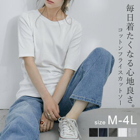 [M-4L]快適な着心地を実現。コットン100% 半袖 カットソー レディース Tシャツ インナー トップス 5分袖 シンプル 無地 色違い 伸びる 伸縮性 綿100 L LL 3L ワンマイルウェア ルームウェア 部屋着 きれいめ 黒 ブラック 白 ホワイト ネイビー グレー 春夏