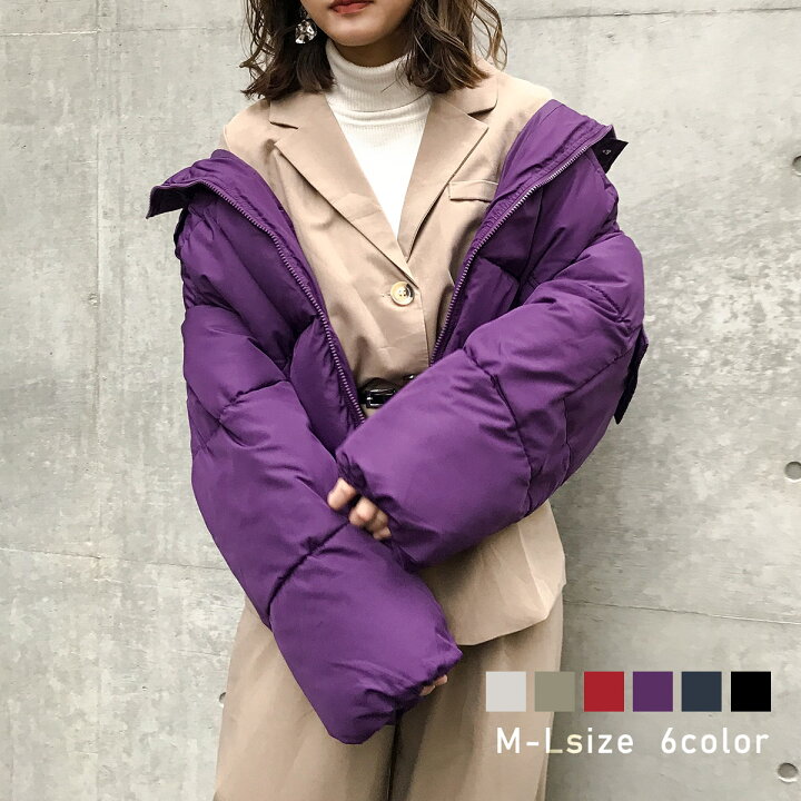楽天市場 ショート丈 フード付き ダウンジャケット レディース ダウンコート ペディン ダウン 上着 コート アウター ブルゾン ジャケット ジャンパー ビッグシルエット 大きいサイズ 防寒 韓国 ファッション スポーティー カジュアル シンプル 黒 赤 紫 白