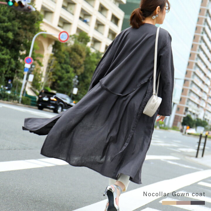 楽天市場 ノーカラー ロング カーディガン カーデ 羽織り ガウンコート ロング丈 アウター コート レディース オータムコート 綿麻 コットン 上着 ジャケット 秋コート 秋 秋服 秋物 ベルト付 ゆったり オーバーサイズ ワイドスリーブ 薄手 ベージュ グレー