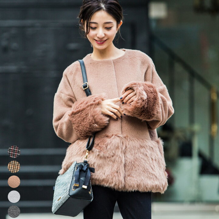 楽天市場 Fashionletter ファー ショートコート レディース オータムコート 秋コート フェイクファー エコファー ノーカラーコート アウター 無地 チェック シャギー 大きいサイズ フード無し 袖コン オフィス 通勤 Aw 秋 冬 韓国 ファッション M L Fashionletter