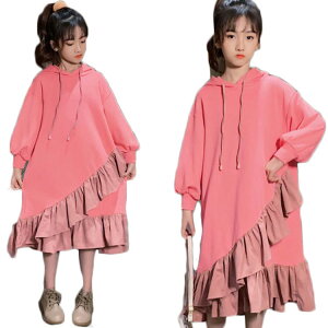 フード付きロングワンピース キッズ 女の子 フリルロングワンピース マキシワンピース フード付き 春秋服 トレーナー 長袖 姫系 ワンピース 送料無料 無地 シンプル カジュアル おしゃれ 普