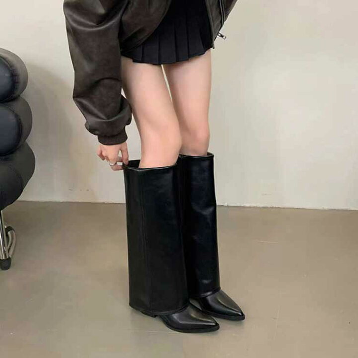 楽天市場】ロングブーツ レディース フレアカバー ポインテッドトゥ 太 