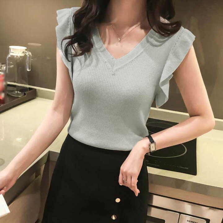 楽天市場 サマーニット レディース Tシャツ ノースリーブtシャツ ニットtシャツ ノースリーブニット Vネック フレア フリル サマー シンプル 薄手 無地 カジュアル 体型カバー お洒落 キレイめ プルオーバー トップス 夏新作 Fast Fashion