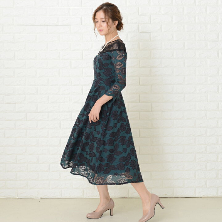 楽天市場】デコルテラインシースルー パーティードレス レース七分袖  