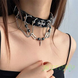 首輪 チョーカー ショットネックレス パンク PUNK レザー スパイク 鋲 ビズ クロス チェイン ベルトネックレス アクセサリー ロックファッションV系 ギャル ハロウィン コスプレ イベント