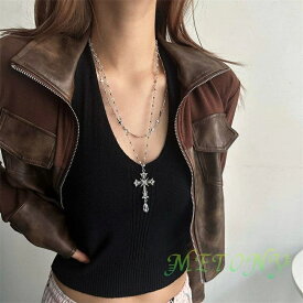 ロング クリスタル クロス ネックレス 2層 パンク PUNK ビズ チェイン クリスタルネックレス アクセサリー ロックファッションV系 ギャル ハロウィン コスプレ イベント
