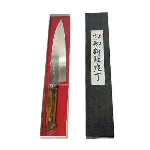 【送料無料】越前数馬作 VG-10鋼 有色17層ダマスカス 雷光 牛刀210mm デザートアイアンウッド柄付  660973 202302