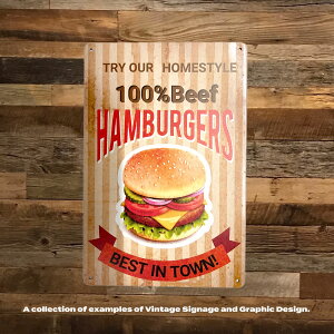 アンティーク風メタルサインボード HAMBURGERS【ハンバーガー 看板 アメリカン雑貨 ガレージ 店舗】