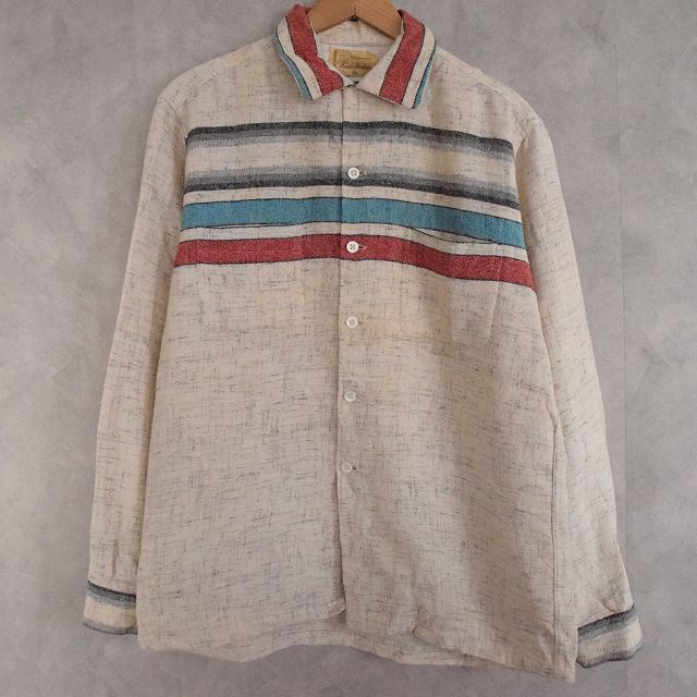 50's Westchester ストライプ×カスリ Wool Shirt 50年代 ウールシャツ ボーダー オープンカラー 開襟 【古着】 【ヴィンテージ】 【中古】 【メンズ店】 カジュアルシャツ