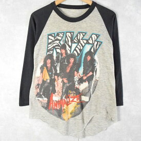 80's KISS "ANIMALIZE" ハードロックバンド アルバムラグランTシャツ 80年代 80s キス アニマライズ 音楽 ミュージック グレー 霜降り 七分袖【古着】 【ヴィンテージ】 【中古】 【メンズ店】