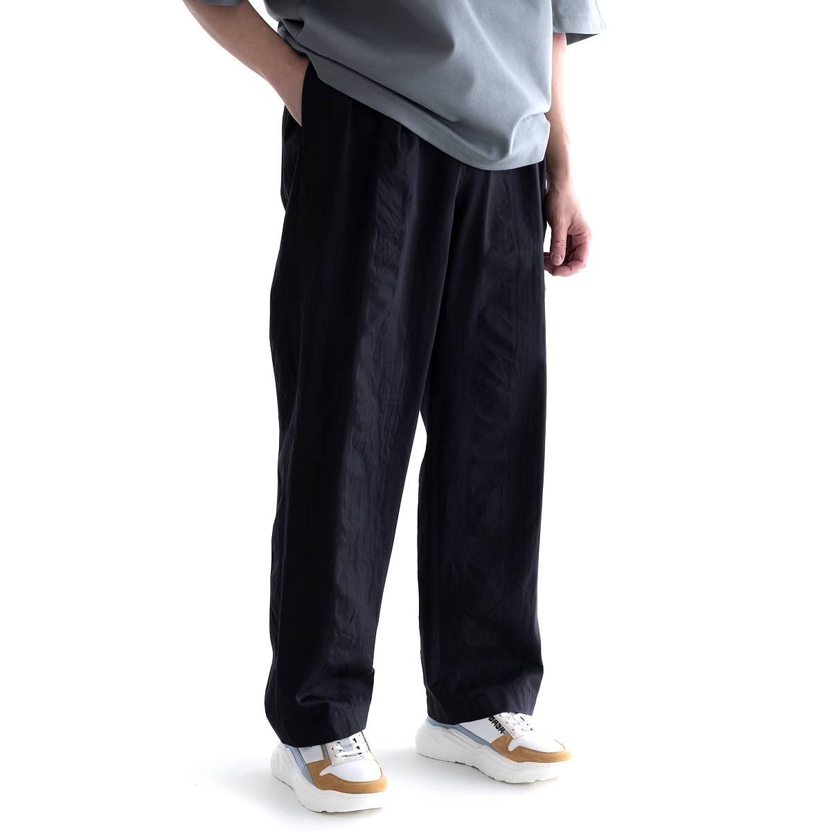 nuterm Loose 52 2-tuck Trousers (Black Mix) 001PT-023S ニューターム 定番 ルーズ  ツータックパンツ ツータック トラウザー ジャガード ストライプ パンツ メンズ 日本製 送料無料 | FEEL EASY online