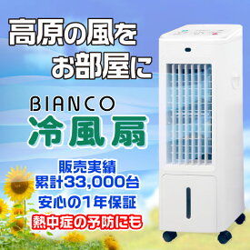 【日本メーカー監修・BIANCO冷風扇・1年保証付】北海道でも好評　PSE認証済　扇風機より涼しい、カラダに優しい風　リモコン対応　保冷パック4個付き