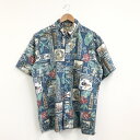 メレ カリキマカ レインスプーナー MELE KALIKIMAKA FROM Reyn Spooner ボタンダウン アロハシャツ 半袖 クリスマス サンタ・ハイビスカス柄 総柄 リバースプリント サイズ：メンズ L ブルー Made in HAWAII【中古】