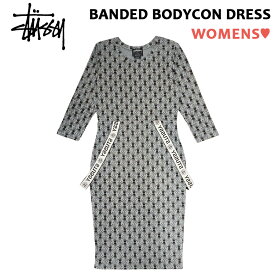 レディース ステューシー STUSSY ワンピース サスペンダーつき タイト 総柄 クラウン プリント BANDED BODYCON DRESS バンド ボディコン ドレス グレー×ブラック サイズ：XS , S , M 214222 新品 USA企画 七分袖 五分袖 あす楽対応 古着屋mello