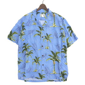 Bishop St. 開襟 レーヨン アロハシャツ 半袖 ヤシの木・葉 総柄 サイズ 2XL　ライトブルー系 Made in HAWAII 【古着】 古着 【中古】 中古 mellow 【古着屋mellow楽天市場店】