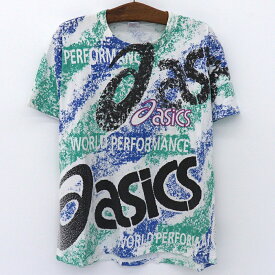 アシックス asics Tシャツ 総柄 プリント ロゴ 半袖 サイズ：L ホワイト×グリーン×ブルー MADE IN USA【古着】 古着 【中古】 中古 mellow 【古着屋mellow楽天市場店】