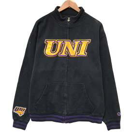 チャンピオン Champion ジップアップ スウェット モックネック トレーナー "UNI" ロゴ ワッペン 刺繍 カレッジ リブボーダー 長袖 サイズ：L ブラック 【古着】 古着 【中古】 中古 mellow 【古着屋mellow楽天市場店】