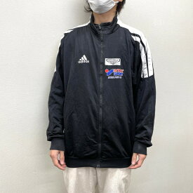 ★20%オフ クーポン 4/30 14時まで★90's アディダス adidas ジップアップ ジャージ トラックジャケット ジョグトップ 長袖 ロゴ 刺繍 プリント サイズ：L ブラック×ホワイト【古着】 古着 【中古】 中古 mellow 【あす楽対応】 【古着屋mellow楽天市場店】