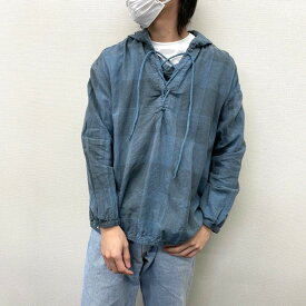 【SP7】【中古】 ウールリッチ Woolrich ヘンプ×コットン パーカー チェック柄 プルオーバー 編み上げ 長袖 サイズ：XL ブルーグレー系 古着 中古 mellow あす楽対応 古着屋mellow楽天市場店