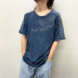 【中古】 ハーレー ダビッドソン HARLEY-DAVIDSON Tシャツ 半袖 ショートスリーブ サーマル切り替え ロゴ プリント サイズ：L ネイビー系 MADE IN U.S.A 古着 中古 mellow ゆうパケット対応 あす楽対応 古着屋mellow楽天市場店