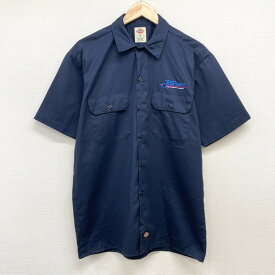 ★30%オフ クーポン 4/30 14時まで★US古着 ディッキーズ Dickies ワークシャツ 半袖 ワンポイント 刺繍 サイズ：メンズ M ダークネイビー あす楽対応【中古】