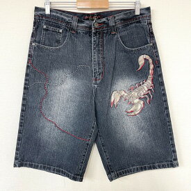 【30％オフ★お得なクーポンあり】PACO JEANS デニム ショートパンツ 色落ち サソリ 刺繍 ワッペン プリント サイズ：W35 ブラック【古着】 古着 【中古】 中古 【あす楽対応】 mellow 【古着屋mellow楽天市場店】