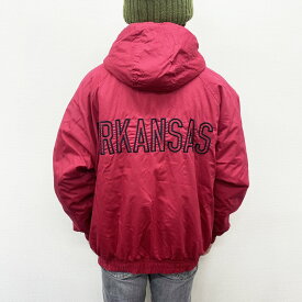 ★30%オフ クーポン 4/30 14時まで★【中古】FANS GEAR Arkansas Razorbacks ジップアップ 中綿ジャケット フード付き カレッジ ロゴ 刺繍 ワッペン ラグランスリーブ 長袖 サイズ：L エンジ 古着 中古 mellow あす楽対応 古着屋mellow楽天市場店