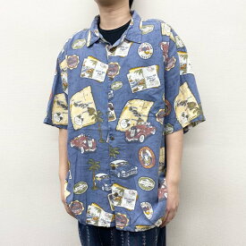 【中古】ビッグドッグス BIG DOGS リネン×レーヨン 総柄 シャツ 半袖 ハワイ 車柄 サイズ：XXL ブルーグレー系 古着 中古 mellow ゆうパケット対応 あす楽対応 古着屋mellow楽天市場店