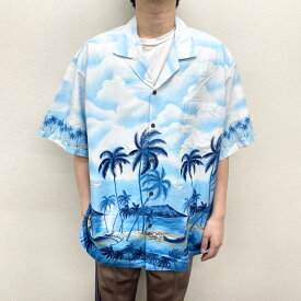 US古着 ハワイ製 KY'S アロハシャツ 半袖 開襟 総柄 ヤシの木 海 サイズ：メンズ 3XL ビッグサイズ ライトブルー×ホワイト あす楽対応【中古】