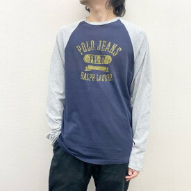 ★30%オフ クーポン 4/30 14時まで★US古着 ポロジーンズ ラルフローレン ロンT ラグランTシャツ 長袖 POLO JEANS サイズ：メンズ M ネイビー×グレー あす楽対応【中古】