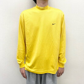 ★30%オフ クーポン 4/30 14時まで★US古着 ナイキ NIKE ロンT メッシュ モックネック ワンポイント ロゴ 刺繍 DRI-FIT 長袖 Tシャツ サイズ：メンズ XL ビッグサイズ イエロー あす楽対応【中古】