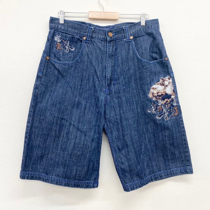 US古着 knockout jeans デニム ショートパンツ ワイド ひざ下 ライオン 刺繍 スタッズ Y2K サイズ:W34 インディゴ あす楽対応【中古】 古着屋mellow 90s!ビッグサイズ!USA !刺繍!ノックアウト ジーンズ デニム パンツ