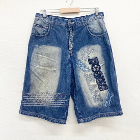 【30％オフ★お得なクーポンあり】US古着 FOCUS JEANS デニム ショートパンツ ワイド ひざ下 刺繍 ワッペン Y2K サイズ：W33 インディゴ あす楽対応【中古】