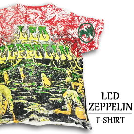 【20％オフ★お得なクーポンあり】レッド・ツェッペリン Tシャツ 半袖 LED ZEPPELIN 総柄 バンド Tシャツ サイズ：メンズ M 相当 レッド×グリーン×ホワイト あす楽対応 【新品】