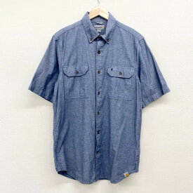 ★30%オフ クーポン 4/30 14時まで★US古着 カーハート carhartt ワーク シャツ 半袖 シャンブレー ボタンダウン ワンポイント ロゴ 刺繍 無地 RELAXED FIT サイズ：メンズ M ブルーグレー S200 499 あす楽対応【中古】