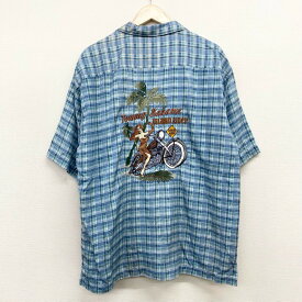 【30％オフ★お得なクーポンあり】US古着 トミーバハマ Tommy Bahama シルク 開襟シャツ 半袖 総柄 チェック柄 ヤシの木 バイク 刺繍 サイズ：メンズ L ライトブルー あす楽対応【中古】