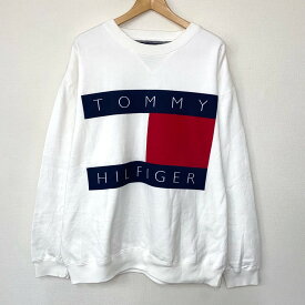 90’s トミーヒルフィガー TOMMY HILFIGER プルオーバー スウェット シャツ トレーナー ロゴ リップフラッグタグ プリント 長袖 サイズ：L ホワイト 【古着】 古着 【中古】 中古 mellow 【古着屋mellow楽天市場店】