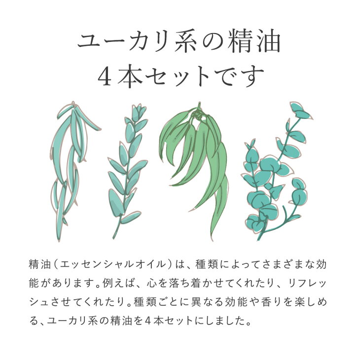 楽天市場 アロマオイル 精油 ユーカリ系4種 5ml 4本 精油セット ラベンダー セット レモングラス ベルガモット アロマディフューザー アロマ エッセンシャルオイル ローズ ヒノキ ローズマリー 使い方 香りで彩るくらし Feellife