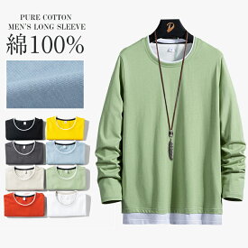 【2点で15％OFF】長袖 tシャツ メンズ 綿100 春 秋 レイヤード風 カットソー プルオーバー スウェット フェイクレイヤード 大きいサイズ ロングtシャツ クルーネック 薄手 カジュアル トップス Tシャツ 重ね着風 通学 春物 秋物 オシャレ 男性 彼氏 長袖シャツ