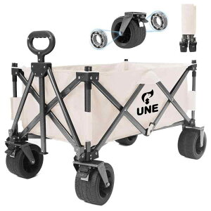 UNE キャリーワゴン アウトドアワゴン 折り畳み式 キャンプ カート ブレーキ付き 大容量 150L ワンタッチ収束式 耐荷重150kg 自立収納 コンパクト 幅10cmのサイレントユニバーサルホイール付き