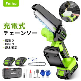 チェーンソー 充電式 電動ノコギリ 21V コードレス 小型軽量 ハンディチェーンソー ブラシレスモーター 片手操作 自動給油機能 薪割り・枝切り・庭木剪定 収納ボックス付き PSE認証済 バッテリー1個搭載