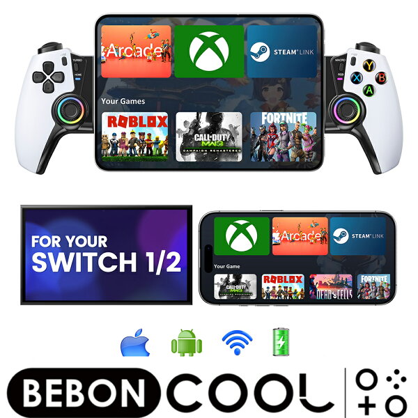 【7倍ポイント＋300円クーポン】スマホ コントローラー switch2/iOS/Android両用ゲーム コントローラー モバイルゲーミングコントローラー 無線接続 3段階連射 RGB BEBONCOOL Switch2/Switch/Xbox Cloud/GeForce Now/Stadia/Apple Arcade/MFiゲームなど対応 一年保証