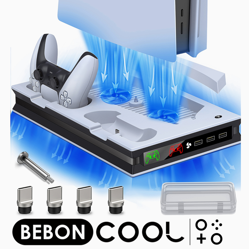 PS5 冷却ファン PS5 スタンド 縦置きスタンド BEBONCOOL 冷却パッド 冷却台 冷却ファン搭載 4つドングル付き コントローラー充電 3つ充電端子付き 充電LEDランプ 静音 日本語説明書 1年保証