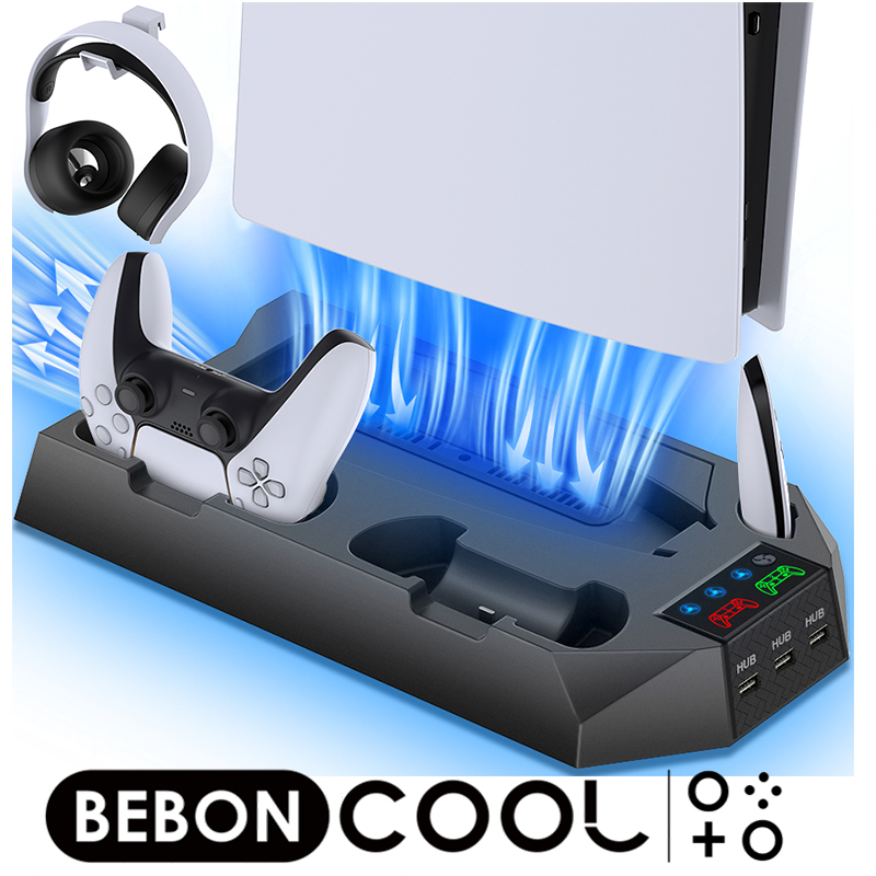 PS5 スタンド PS5 縦置き 冷却ファン BEBONCOOL 冷却パッド 冷却台 冷却ファン搭載 イヤホンサポート付き 2つコントローラー充電 3つ 充電端子付き リモコン収納 充電LEDランプ 静音 日本語説明書 1年保証 プレイステーション5