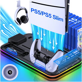 【300円クーポン】PS5 Silm/PS5 スタンド PS5 Slim冷却ファン PS5/PS5 Silm縦置き 冷却 スタンド PS5/PS5 Silm コントローラー 充電スタンド 2台同時充電 3段階冷却 PS5ディスク-デジタル兼用 充電指示ランプ付 収納 多機能 ネジ付 USBケーブル付 ドックRGBライト